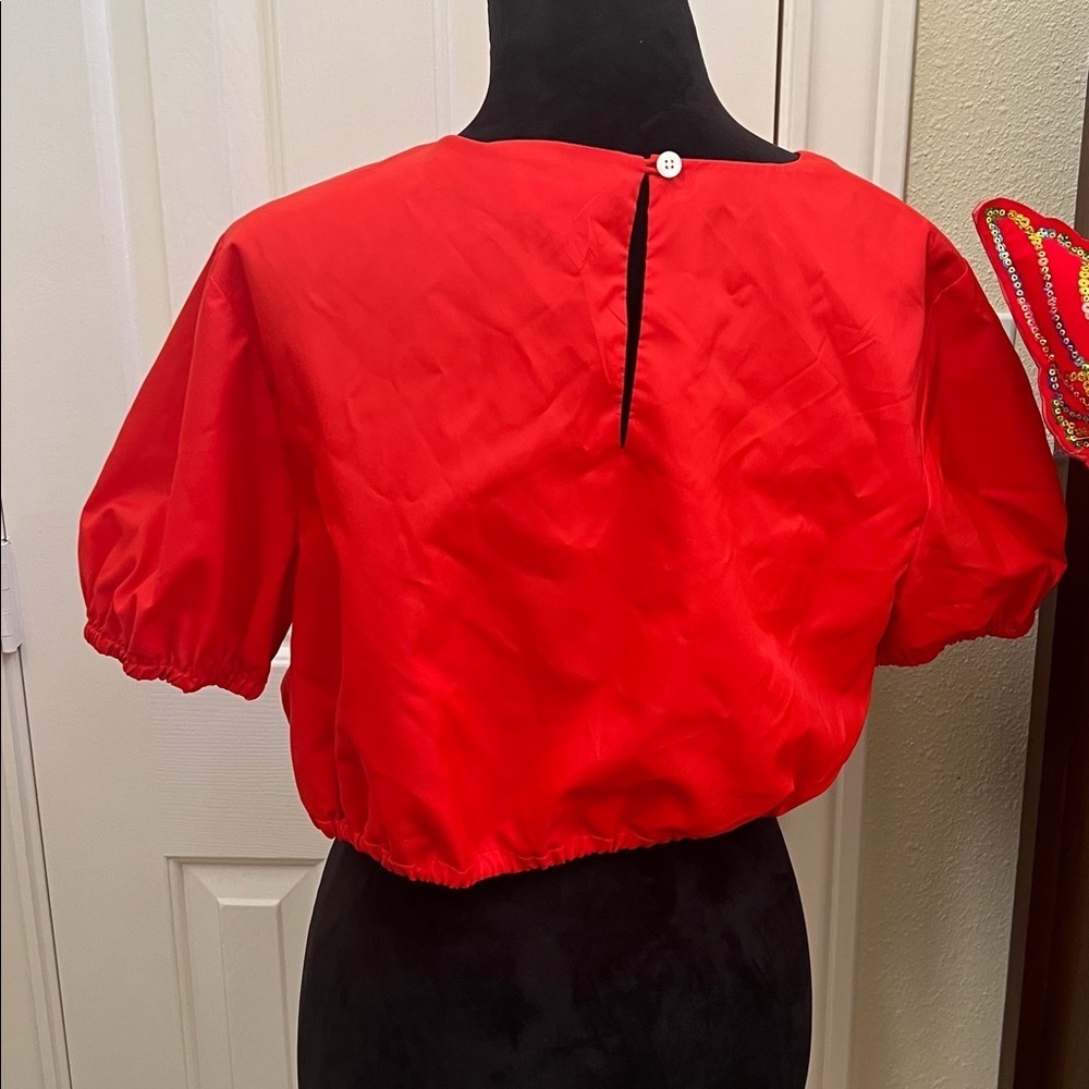 Staud Prato Recycled Nylon Short Puff Sleeve Crop Top Tomato Red Size large - Picture 7 of 8